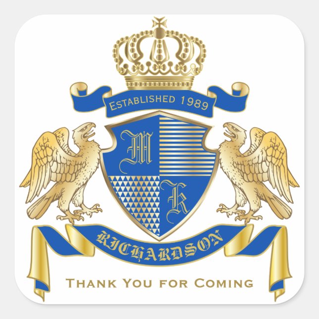 Monogram Coat of Arms Blue Gold Eagle Crown Emblem Square Sticker (Front)