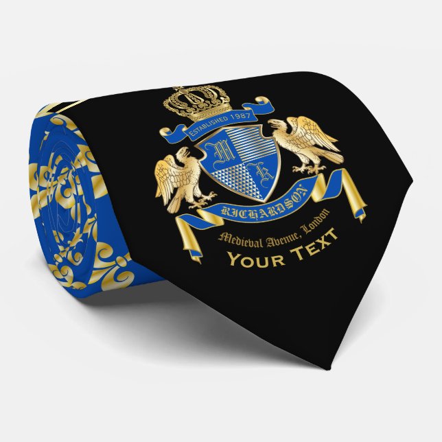 Monogram Coat of Arms Blue Gold Eagle Fleur de Lis Tie (Rolled)