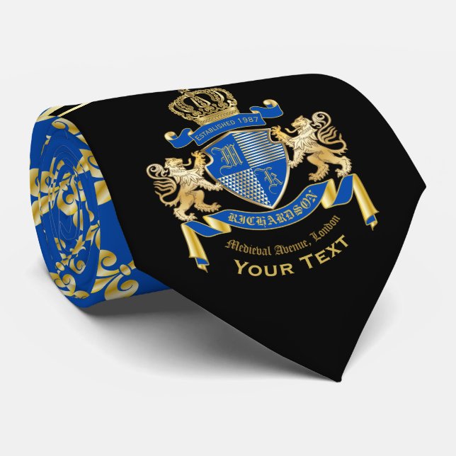 Monogram Coat of Arms Blue Gold Lion Fleur de Lis Tie (Rolled)