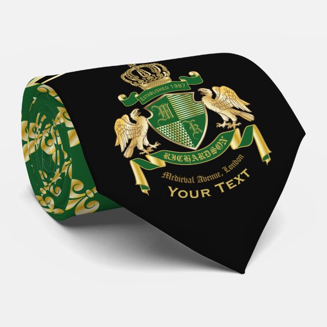 Monogram Coat of Arms Green Gold Eagle Fleur de Li Tie (Rolled)