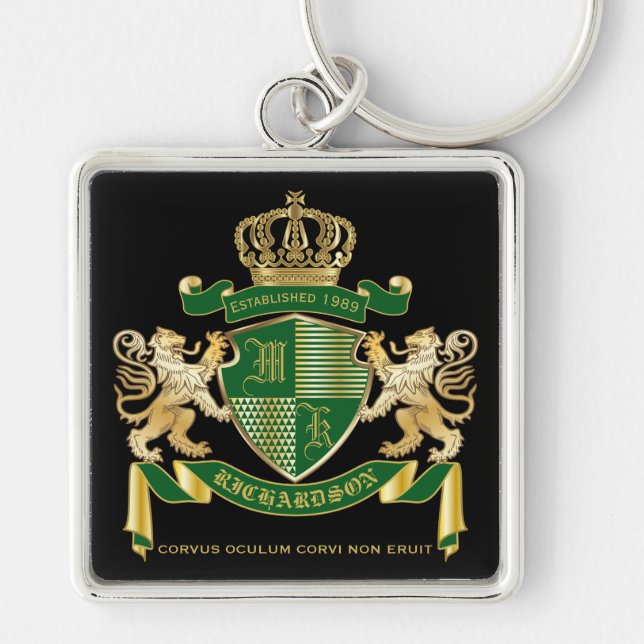 Monogram Coat of Arms Green Gold Lion Crown Emblem Key Ring (Front)