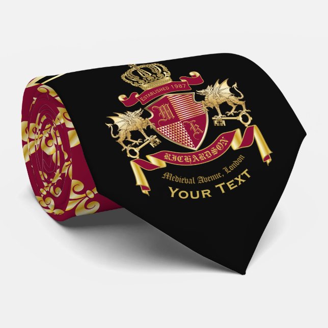 Monogram Coat of Arms Red Gold Dragon Crown Emblem Tie (Rolled)