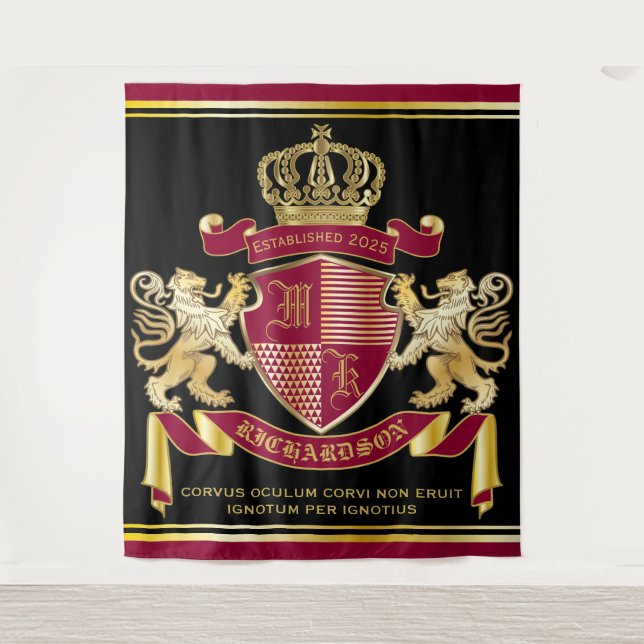 Monogram Coat of Arms Red Gold Lion Crown Emblem Tapestry (Front)