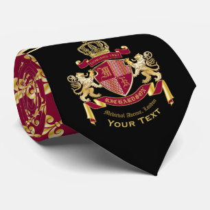Monogram Coat of Arms Red Gold Lion Fleur de Lis Tie