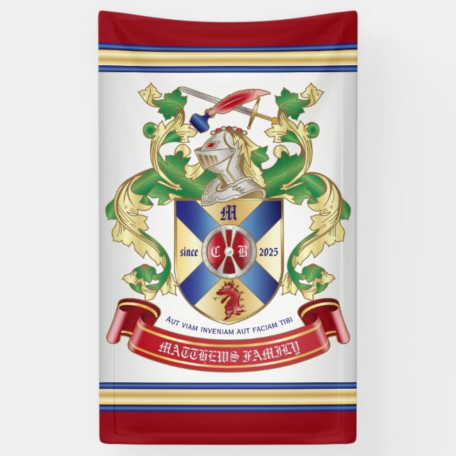 Monogram Coat of Arms Silver Knight Shield Dragon Banner (Vertical)