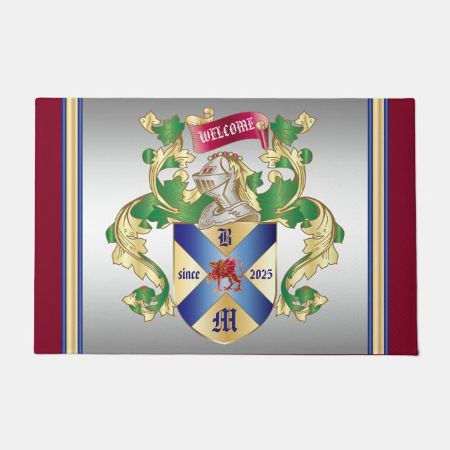 Monogram Coat of Arms Silver Knight Shield Dragon Doormat (Front)