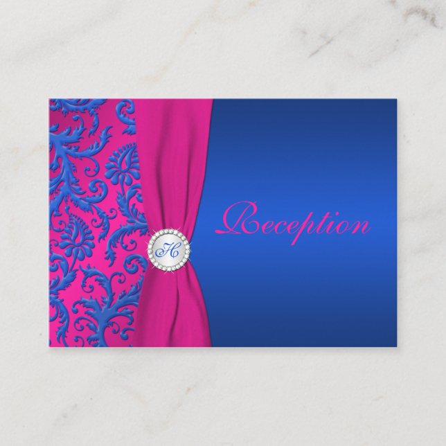 Monogram Cobalt and Fuchsia Damask Enclosure Card (Front)