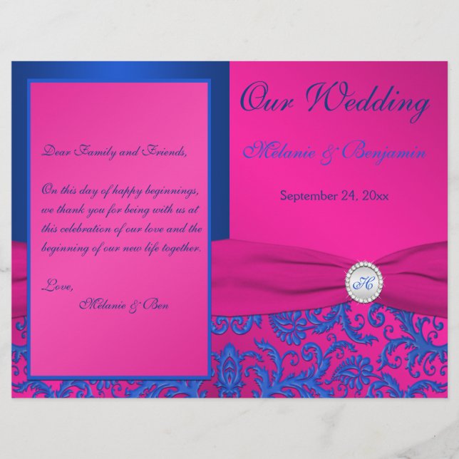 Monogram Cobalt and Fuchsia Damask Wedding Program (Front)