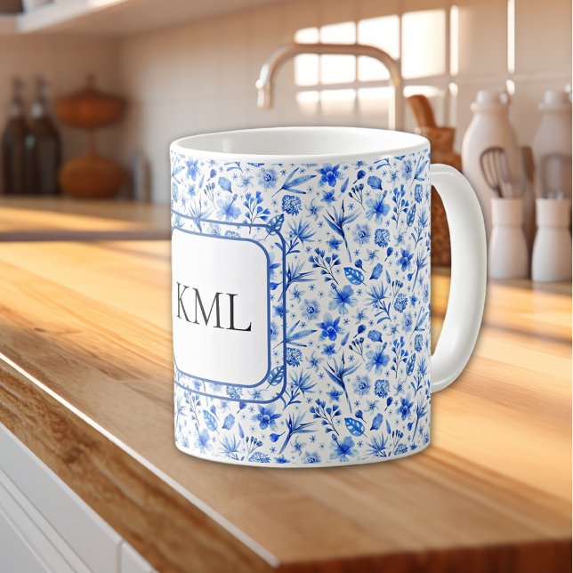 Monogram Cobalt Blue Flowers & Leaves Pattern 11oz Coffee Mug (Creator Uploaded)