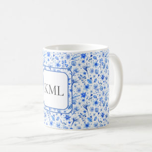 Monogram Cobalt Blue Flowers & Leaves Pattern 11oz Coffee Mug