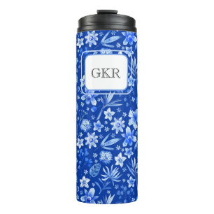 Monogram Cobalt Blue Flowers & Leaves Pattern 11oz Thermal Tumbler