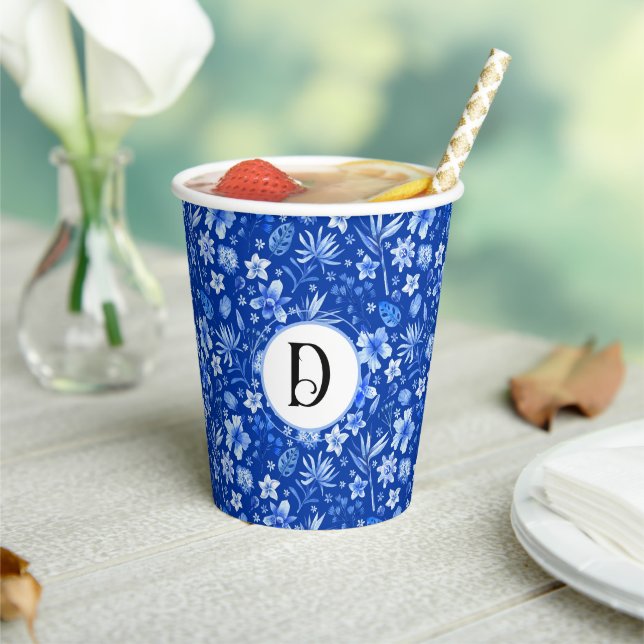 Monogram, Cobalt Blue Flowers & Leaves Pattern 8oz Paper Cups (Insitu)