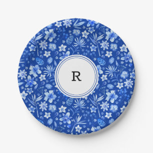 Monogram, Cobalt Blue Tropical Flowers Pattern 7" Paper Plate