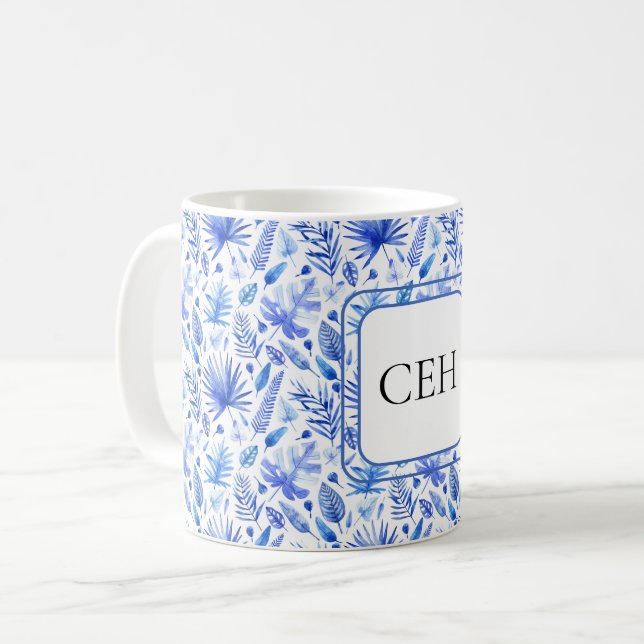 Monogram, Cobalt Blue Tropical Leaves Pattern 11oz Coffee Mug (Front Left)