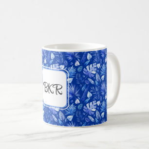Monogram, Cobalt Blue Tropical Leaves Pattern 11oz Coffee Mug