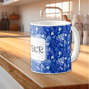 Monogram, Cobalt Blue Tropical Leaves Pattern 11oz Coffee Mug