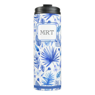 Monogram Cobalt Blue Tropical Leaves Pattern 11oz Thermal Tumbler