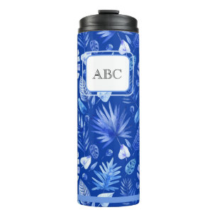 Monogram Cobalt Blue Tropical Leaves Pattern 11oz Thermal Tumbler