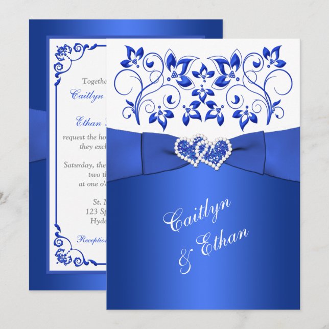 Monogram Cobalt Blue, White Floral Wedding Invite (Front/Back)