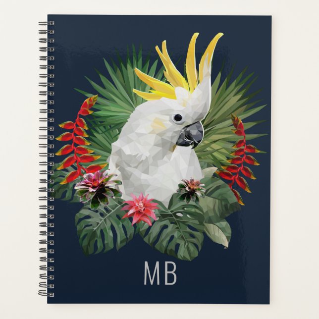 Monogram Cockatoo Bird Tropical Flowers Stylish Planner (Front)