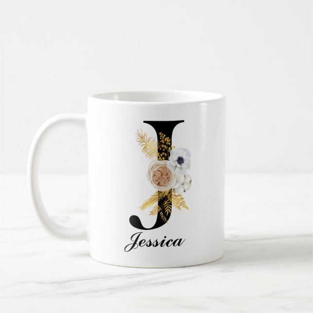 Monogram Coffee Mug - Initial J Black Floral  (Left)
