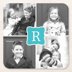 Monogram Collage Custom Photo Coasters - Turquoise
