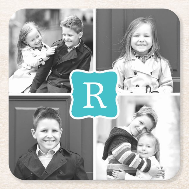 Monogram Collage Custom Photo Coasters - Turquoise (Front)