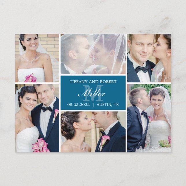 Monogram Collage Wedding Announcement - Blue (Front)