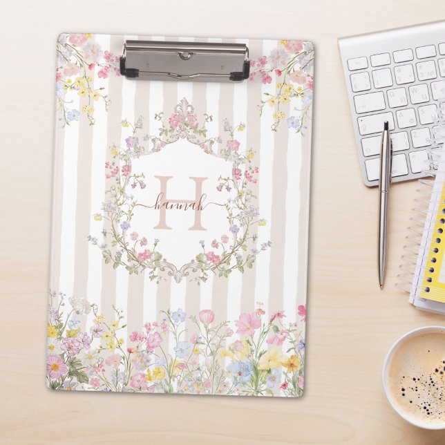 Monogram Colorful Floral Rococo Style Stripes Clipboard (In situ)