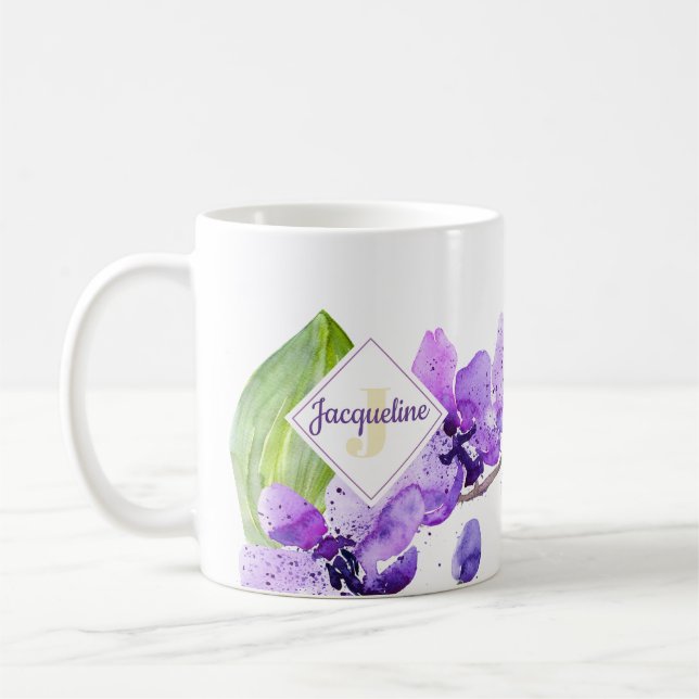 Monogram Colorful Watercolor Orchid design Coffee Mug (Left)