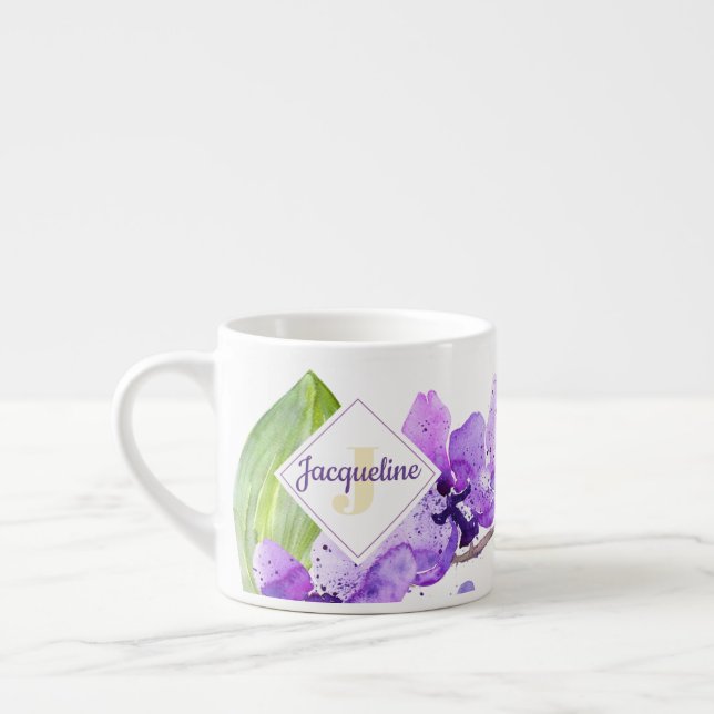 Monogram Colorful Watercolor Orchid design Espresso Cup (Left)
