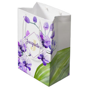 Monogram Colorful Watercolor Orchid design Medium Gift Bag