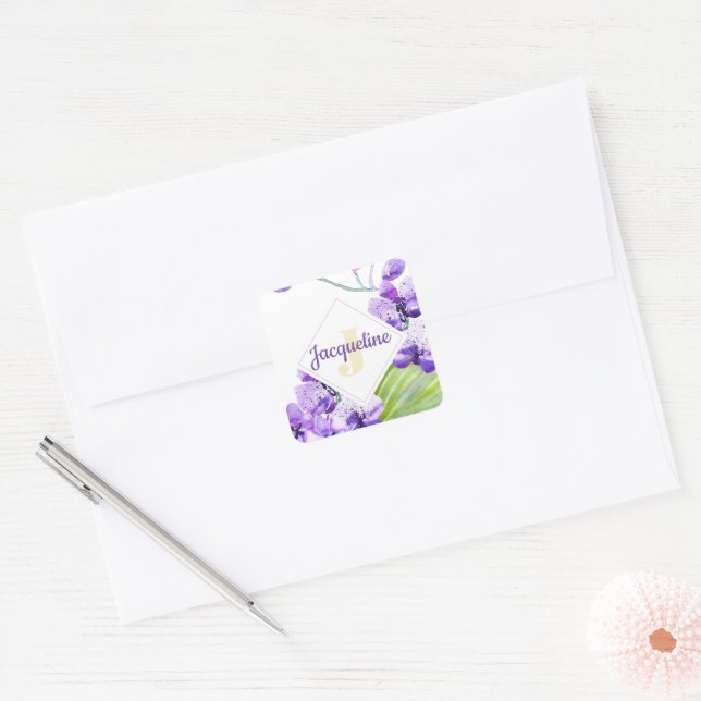 Monogram Colorful Watercolor Orchid design Square Sticker (Envelope)