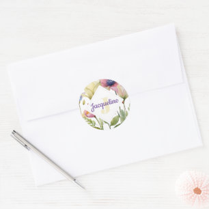 Monogram Colorful Wild Flower Illustrated Classic Round Sticker