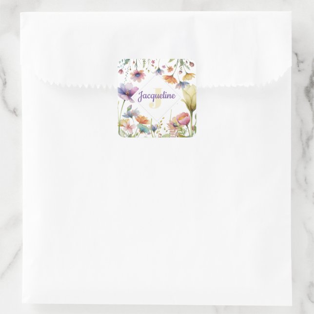 Monogram Colorful Wild Flower Illustrated Square Sticker (Bag)