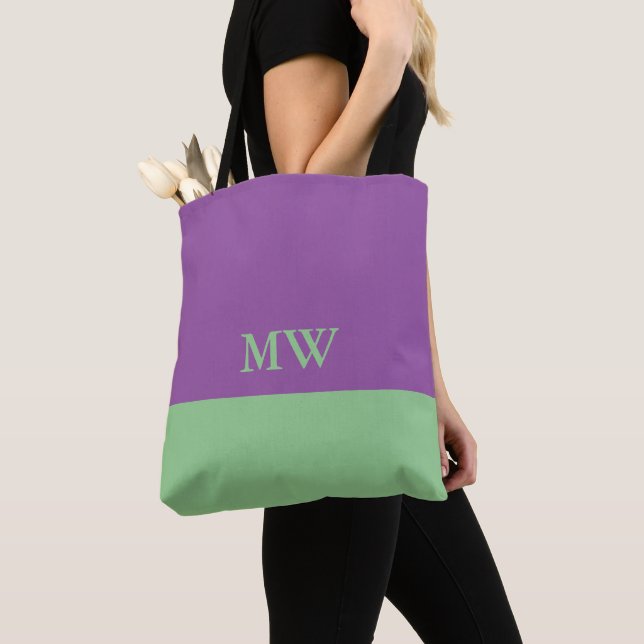 Monogram Colour Block Tote Bag Purple & Mint Green (Close Up)