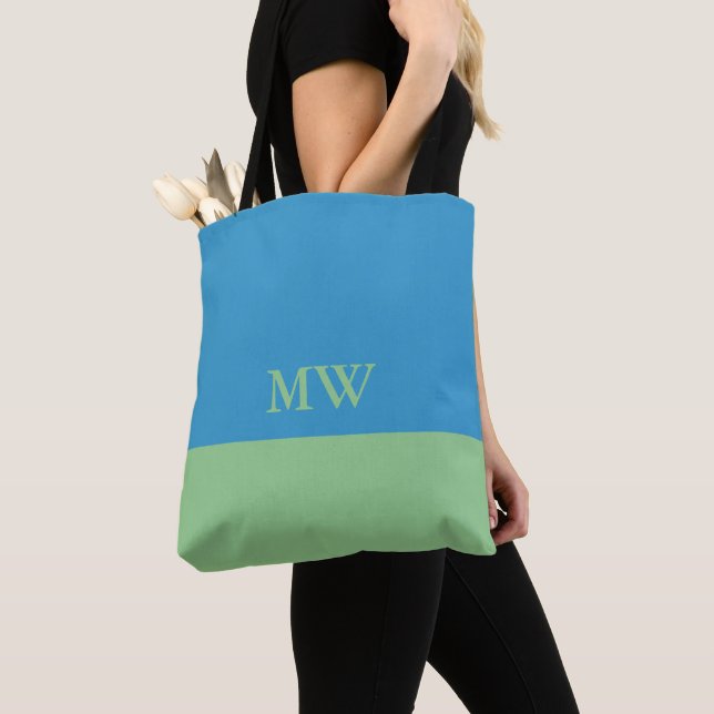 Monogram Colour Block Tote Bag Sky Blue & Green (Close Up)