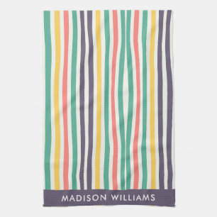 Monogram Coloured Lines Elegant Stylish Kitchen Tea Towel