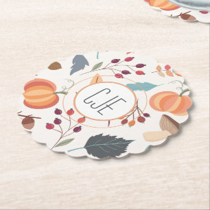 Monogram, Colourful Autumn Pattern Scallop Paper Coaster