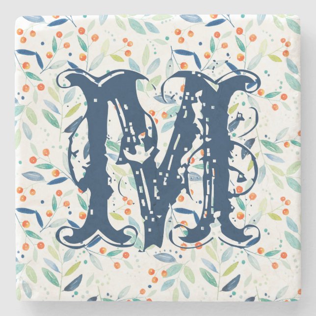 Monogram Colourful Botanical Watercolor Leafs Stone Coaster (Front)