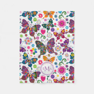 Monogram Colourful Butterflies & Flowers Pattern Fleece Blanket