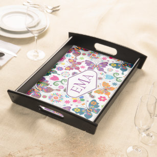 Monogram Colourful Butterflies & Flowers Pattern Serving Tray