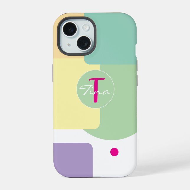 Monogram colourful colour block green Pink iPhone 15 Case (Back)