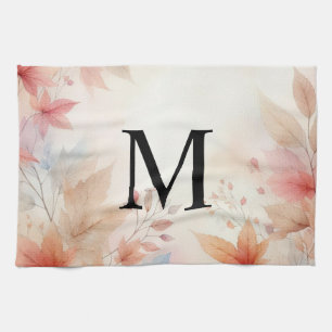 Monogram Colourful Fall leaves watercolor pastels Tea Towel