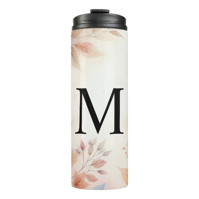 Monogram Colourful Fall leaves watercolor pastels Thermal Tumbler (Front)