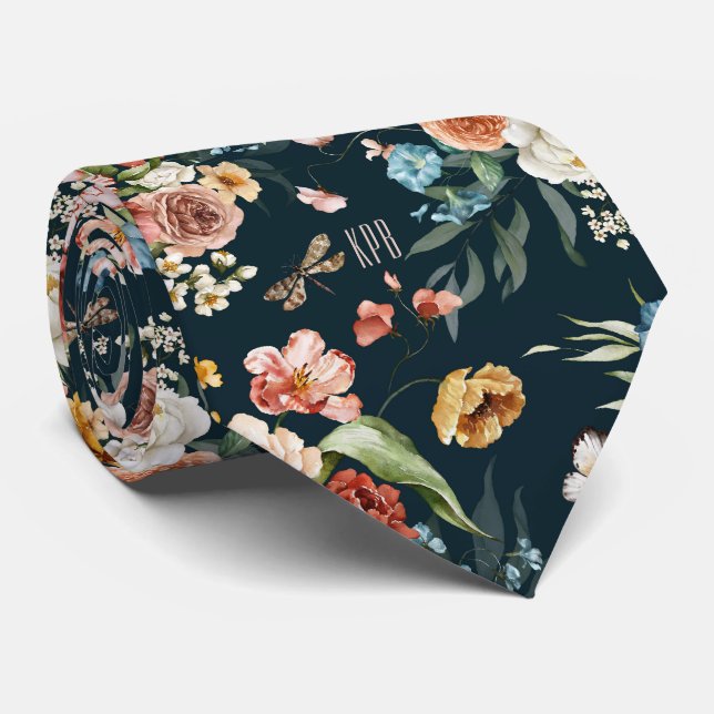 Monogram Colourful Floral Pattern on Oxford Blue Tie (Rolled)