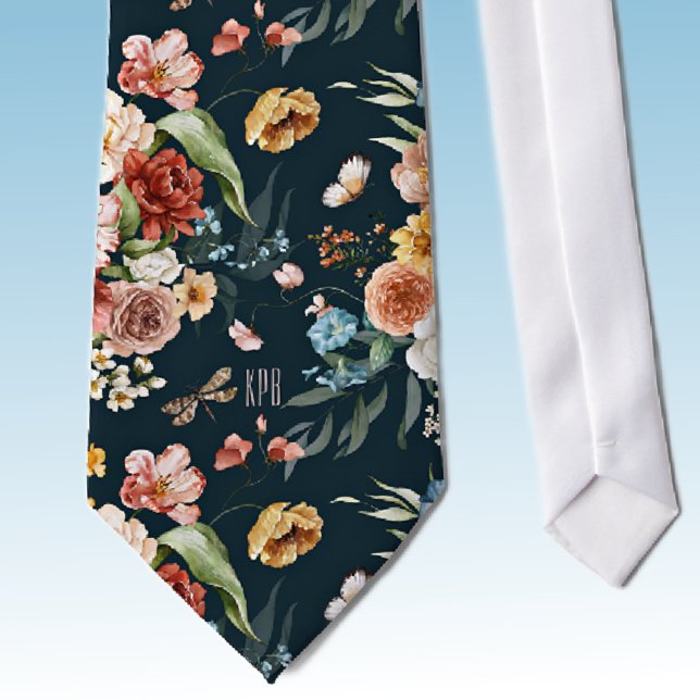 Monogram Colourful Floral Pattern on Oxford Blue Tie (Creator Uploaded)