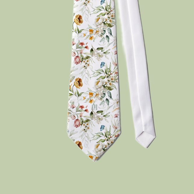 Monogram Colourful Floral Pattern on White Neck Ti Tie (Creator Uploaded)