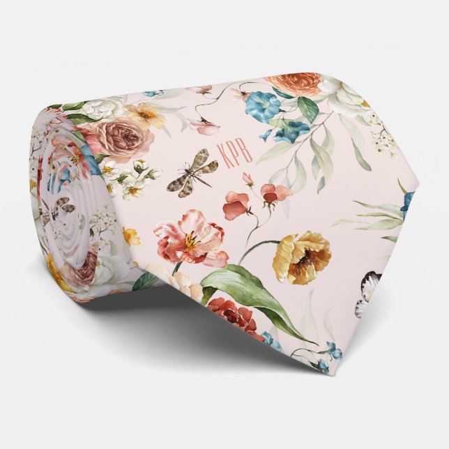 Monogram Colourful Floral Still Life Art Blush Pin Tie (Rolled)