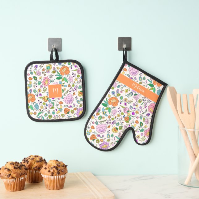 Monogram Colourful Fun Cute Floral Pattern Kids Oven Mitt & Pot Holder Set (Insitu(Hanging))